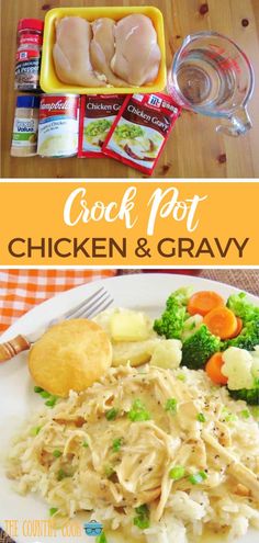 chicken and gravy on a plate with broccoli, carrots, and potatoes