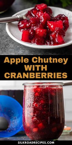 an apple chutney with cranberry sauce in a glass next to a bowl of cherries