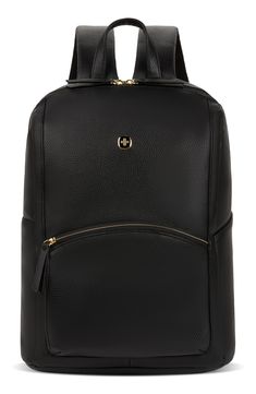 Pebbled faux leather adds contemporary-chic style to this roomy backpack that features a laptop sleeve and plenty of storage for your necessities. 13.5" x 10.5" x 1" Zip-around closure Top carry handle Adjustable padded shoulder straps Exterior features zipper pocket, trolley strap Interior features laptop sleeve, water-bottle pocket, slip pocket Polyester Spot clean Imported Work Backpack Women, Office Backpack, Professional Backpack, Backpack Handbags, Business Laptop Bag, Tech Backpack, Work Backpack, Leather Laptop Backpack, Stylish Backpack