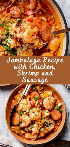 two bowls filled with shrimp and rice next to the words jambalya recipe with chicken, shrimp and sausage