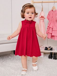 Baby Girl Bow Front Laser Cut Out Scallop Trim Dress Red   Sleeveless Woven Fabric Plain Smock Non-Stretch  Baby Girls Clothing, size features are:Bust: ,Length: ,Sleeve Length: Simple Red Dress, Mother Daughter Date Ideas, Pink Baby Dress, Christmas Dress Baby, Scallop Trim, Trim Dress, Girls Bows, Baby Bows