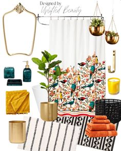 a bathroom with yellow and blue accessories on the floor, shower curtain, rugs, towels, potted plants, gold candles