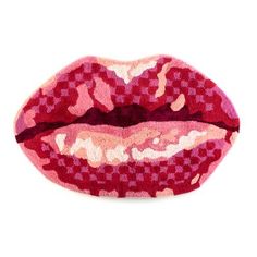 a close up of a pink and red lipstick on a white background with checkered pattern