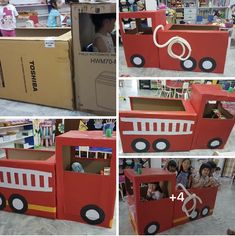 there are four pictures of children playing in a fire truck play house that is made out of cardboard boxes