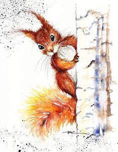 a watercolor painting of a red squirrel peeking out from behind a tree with its tail hanging down