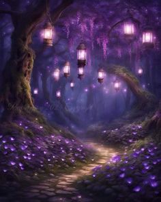 a path in the middle of a forest with lanterns hanging from it