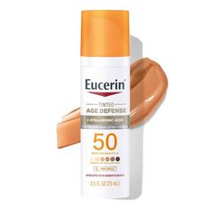 Eucerin Sun Tinted Age Defense SPF 50 Face Sunscreen Lotion is a fragrance free sunscreen with a blendable tint for all skin tones for more even-looking radiant skin. This tinted moisturizing sunscreen is enriched with 5 antioxidants and Hyaluronic Acid and visibly reduces the look of fine lines and wrinkles.* Eucerin Sun Tinted Age Defense SPF 50 Sunscreen features UVA/UVB sun protection plus an Advanced Antioxidant Complex, 5 AOX Shield, and goes beyond neutralizing to also guard from free rad Everyday Sunscreen, Tinted Sunscreen, Tanning Sunscreen, Tinted Spf, Body Care Products, Facial Sunscreen, Sunscreen Moisturizer, Sunscreen Spf 50, Sunscreen Lotion