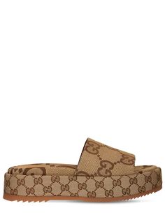 Gucci - 60mm angelina gg canvas wedges - Beige/Brown | Luisaviaroma Beige Brown, Slide Sandals, All Over Print, Mule Shoe, Rubber Sole, Wedges, Gucci, Women Shoes, Sandals