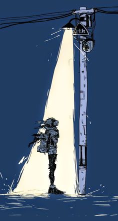 a drawing of a person standing in front of a tall pole with an umbrella on it