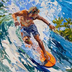 a painting of a man riding a surfboard on a wave in the ocean with palm trees behind him