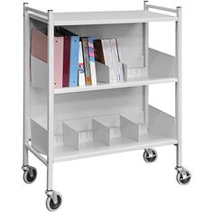 a book shelf with three shelves and wheels