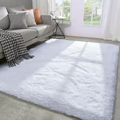 a living room with a couch and white rug