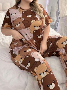 Style:Cute \nColor:Multicolor \nPattern Type:Cartoon \nType:Pant Sets \nSleeve Type:Regular Sleeve \nSleeve Length:Short Sleeve \nFit Type:Regular Fit \nNumber of Pieces:2 Piece Set \nNeckline:Round Neck \nFestivals:Back-to-School \nFabric:Slight Stretch \nCare Instructions:Machine wash, do not dry clean,wash with the soft detergent \nSheer:No \n Plus Size Pajamas, Pant Sets, Cute Bear, Bear Print, Pajama Sets, Cute Bears, Printed Shorts, Pajama Set, 2 Piece