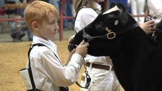 a young boy is holding onto a cow