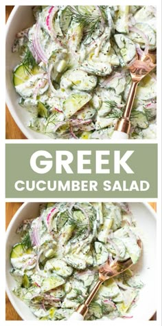 greek cucumber salad with dill and red onion in a white bowl on a wooden table