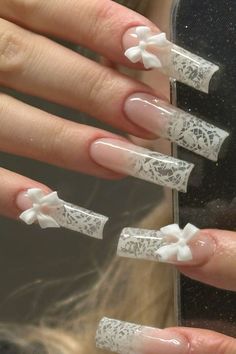 Nail Inspo Long Square, Lacy Nails, Nail Inspo Long, White Marble Nails, Cutesy Nails, Lace Nail Art, Elegant Nail Art