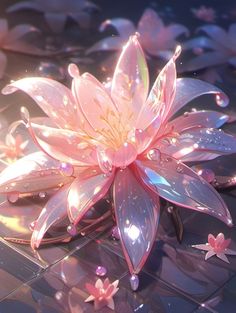 a pink flower with water droplets floating on it's petals in the sun light