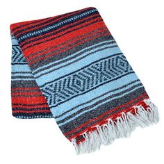 a red, blue and grey striped scarf with fringes on it's ends