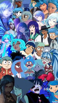 an animated collage of people with blue hair and different facial expressions on their faces