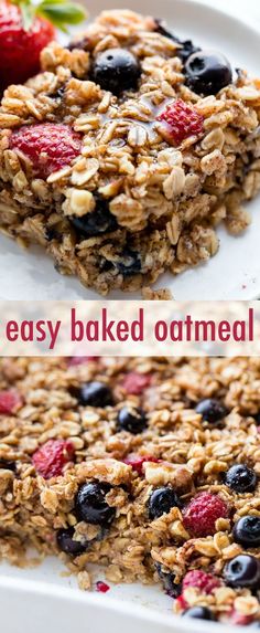 two pictures of granola on a plate with strawberries and blueberries