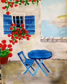 a painting of a blue table and chairs in front of a window with red flowers