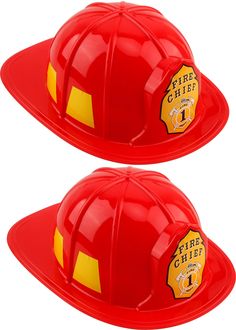 two red fire helmets with yellow flames on the front and side, one is for children