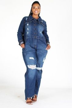 PLUS SIZE Denim jumpsuit in a relaxed fit with a rolled collar, button up closures, long sleeves, pockets on the front and back, ripped details, and wide legs. Fabric: 75% Cotton, 23% Polyester, 2% Spandex Size chart in photos. IT IS RECOMMENDED TO SOAK RAW DENIM BEFORE 1ST USE TO AVOID BLEEDING Distressed Overalls For Fall, Trendy Medium Wash Long Sleeve Jumpsuits And Rompers, Trendy Long Sleeve Medium Wash Jumpsuits And Rompers, Denim Long Sleeve Overalls With Button Closure, Long Sleeve Denim Overalls With Button Closure, Fall Medium Wash Denim Jumpsuit With Buttons, Long Sleeve Relaxed Fit Denim Jumpsuit With Button Closure, Denim Jumpsuits And Rompers With Buttons For Fall, Trendy Dark Wash Distressed Denim Jumpsuit