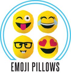 four emoji pillows with the words emoji pillows written in black and white