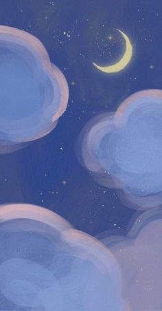 some clouds are in the sky with a crescent moon and stars above them at night