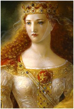 a painting of a woman with red hair wearing a tiara and gold dress,