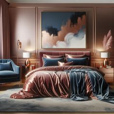 a bedroom with a large painting on the wall above the bed and two blue chairs