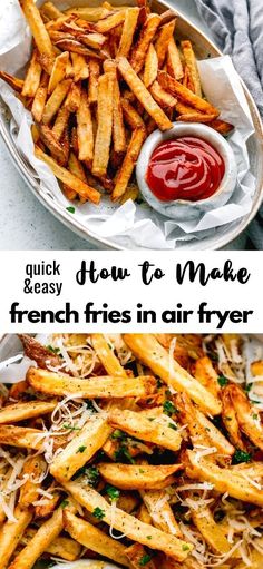 french fries in air fryer with ketchup and parmesan cheese