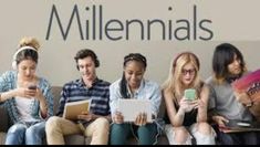 several people sitting on a couch looking at their cell phones and laptops in front of a sign that says millimals