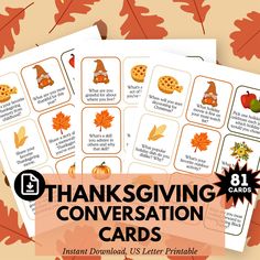 thanksgiving conversation cards with leaves and pumpkins on them, in front of an orange background