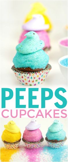 the cover of peeps cupcakes with colorful frosting and sprinkles