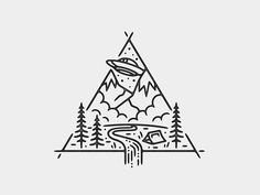 a triangle with mountains and trees in the middle, on top of it is an image of