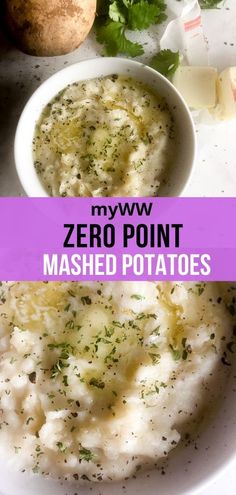 mashed potatoes in a white bowl with the title text overlay reads myw zero point mashed potatoes