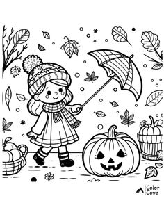 a girl with an umbrella and pumpkins in the fall coloring page for adults to color