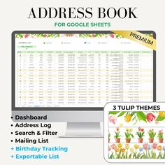 the adress book for google sheets is displayed on a computer screen and next to it are