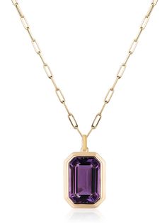 Amethyst emerald cut pendant with 18 karat gold chain by fine jewelry designer Goshwara Necklace Displays, Contemporary Fine Jewelry, Amethyst Pendant Necklace, Amethyst Necklace Pendant, Pendent Necklace, Bezel Pendant, Amethyst Jewelry, Topaz Earrings, Gemstone Necklace Pendant