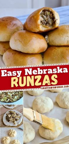 easy nebraska runzas recipe with pictures of them and the title overlay