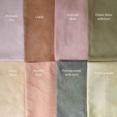 six different colors of linens with the names of each one on them, all lined up in rows