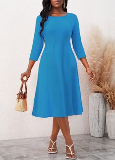 3/4 Sleeve Neon Blue Round Neck Dress Latest Dress For Women, Three Quarter Sleeve Dresses, Marine Uniform, Round Neck Dress, Uniform Dress, Fashion Dresses Online, Dresses On Sale, Bodycon Midi Dress, Solid Color Dress