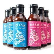 six bottles of korean bbq hot sauce on a white background with the words korobean in pink and blue