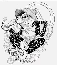 an ink drawing of a frog wearing a hat