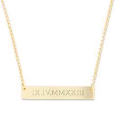 Commemorate a special day with this Roman Numeral Date Gold Bar Necklace. Keep your memory of a wedding  anniversary  birthday or graduation close to you in a stylish way with this 1 1/4 by 1/4 inch gold plated sterling silver bar necklace. Choose your date to be engraved on this petite gold bar that hangs perfectly from a 16 inch rolo chain with a 2 inch extender. Your date will be translated into roman numerals an engraved  for you to wear it in style.  Details: • Gold Bar • Roman Numeral Engr Date Bar, Roman Numerals Dates, Date Bars, Coordinates Jewelry, Rose Gold Bar, Silver Bar Necklace, Gold Bar Necklace, Monogram Jewelry, Silver Bar