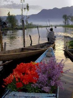 there are two boats with flowers in them on the water and one boat is empty