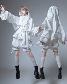 Devilinspired White Bunny Ouji outfit Balloon Shorts, Rabbit Hunting, Cape Style, Cute Blouses, Bunny Ears, White Rabbit, Cropped Jacket, Hooded Coat