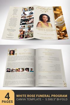 White Rose Funeral Program Template for Canva, Beige Gold, US Letter, Celebration of Life, Obituary