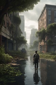 a man walking down a flooded street in the middle of a city with tall buildings